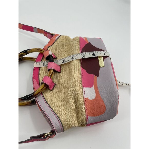 Trina Turk Rainbow Petals Floral Straw Satchel Crossbody Bag Bamboo Handles - Picture 5 of 9